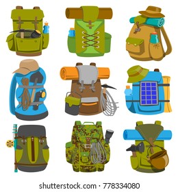 Backpack camp vector backpacking travel bag with tourist equipment in hiking camping and climbing sport knapsack or rucksack set illustration isolated on white background