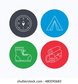 Backpack, camping tend and hiking boots icons. Compass linear sign. Linear icons on colored buttons. Flat web symbols. Vector