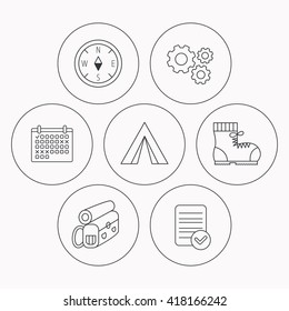 Backpack, camping tent and compass icons. Boots linear sign. Check file, calendar and cogwheel icons. Vector