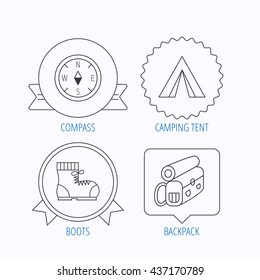 Backpack, camping tent and compass icons. Boots linear sign. Award medal, star label and speech bubble designs. Vector