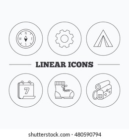 Backpack, camping tent and compass icons. Boots linear sign. Flat cogwheel and calendar symbols. Linear icons in circle buttons. Vector
