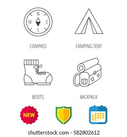 Backpack, camping tent and compass icons. Boots linear sign. Shield protection, calendar and new tag web icons. Vector