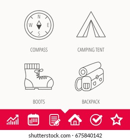 Backpack, camping tent and compass icons. Boots linear sign. Edit document, Calendar and Graph chart signs. Star, Check and House web icons. Vector