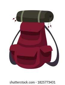 Backpack for camping, traveling and adventure. Rucksack with sleeping mat for journey in mountains and forest. Tourist outdoor equipment vector illustration. Object on white background.