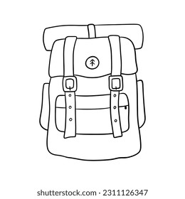 Backpack camping. Vector outline illustration. Doodle line sketch hiking bag