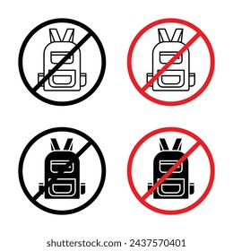 Backpack Carriage Limitation Vector Illustration Set. Backpacks Prohibited in Certain Areas sign suitable for apps and websites UI design style.