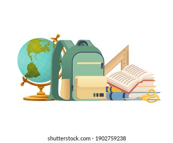 Backpack casual design and school supplies stationery flat vector illustration on white background poster for back to school