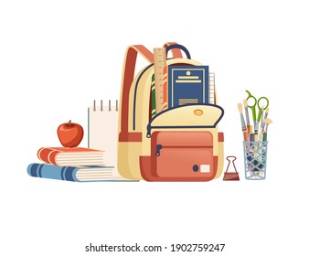 Backpack casual design and school supplies stationery flat vector illustration on white background poster for back to school