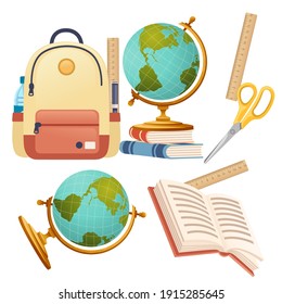 Rucksack-Casual-Design und Schulbedarf Schreibtisch, flache Vektorgrafik auf weißem Hintergrund, Poster für die Rückkehr zur Schule