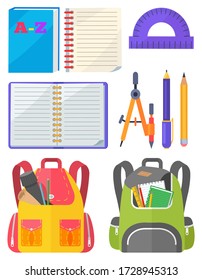 Backpack with chancellery, dividers and pen with pencil, notebook and ruler. School bag with chancery, educational element on white, sticker vector. Back to school concept. Flat cartoon