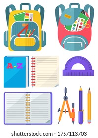 Backpack with chancellery, dividers and pen with pencil, notebook and ruler. School bag with chancery, educational element on white, sticker vector. Back to school concept. Flat cartoon
