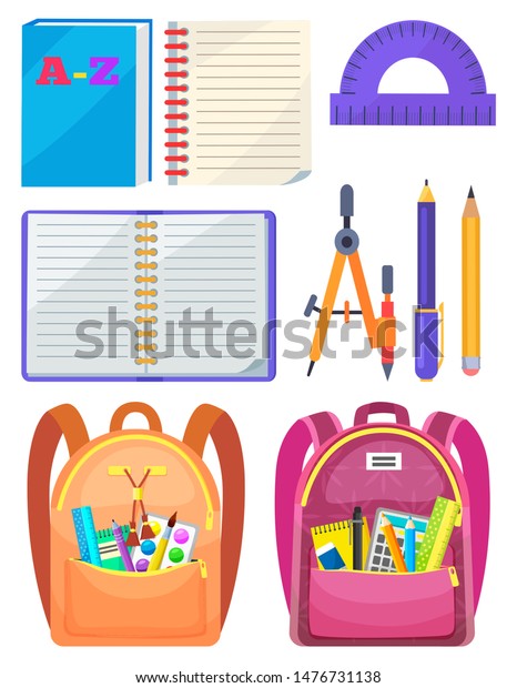 Backpack\
with chancellery, dividers and pen with pencil, notebook and ruler.\
School bag with chancery, educational element on white, sticker\
vector. Back to school concept. Flat\
cartoon