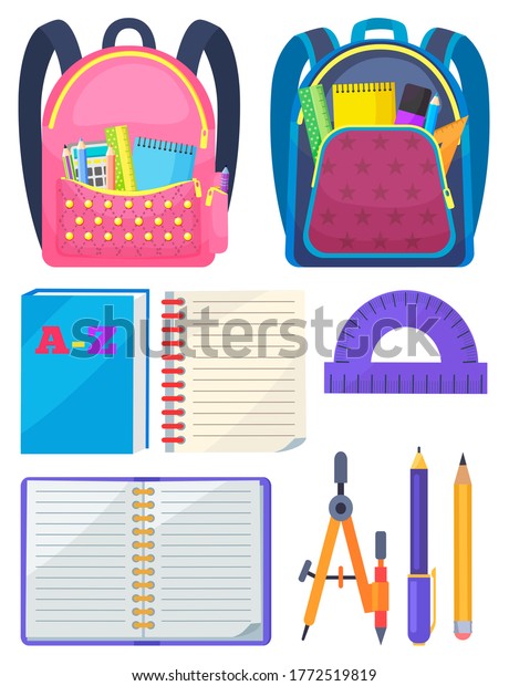 Backpack
with chancellery, dividers and pen with pencil, notebook and ruler.
School bag with chancery, educational element on white, sticker
vector. Back to school concept. Flat
cartoon