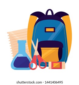 backpack chemistry flask scissors eraser paper back to school vector illustration