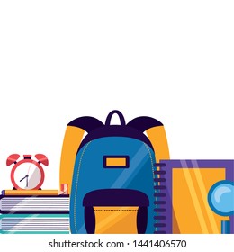 backpack clock books and magnifier back to school vector illustration