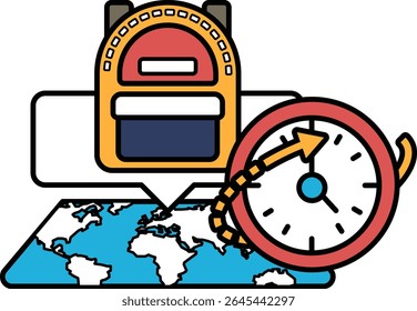 A backpack and a clock are shown on a map of the world. The backpack is red and yellow, and the clock is red and blue. Concept of time and travel, as the backpack