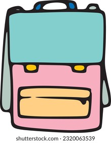 Backpack with colorful pockets hand drawn outline illustration. Simple camping gear and stylish object. School and kids accessories cartoonish pen drawing. Fashion, travel and school equipment detail.