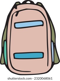 Backpack with colorful pockets hand drawn outline illustration. Simple camping gear and stylish object. Sport and hike accessories cartoonish pen drawing. Fashion, travel and school equipment detail.