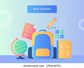 Backpack in combination yellow blue color background of globe dictionary calculate pencil back to school concept with flat style.
