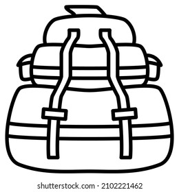 A backpack of complex construction consisting of several floors. A combined backpack with a strap attachment. Vector icon, outline, isolated. Editable stroke