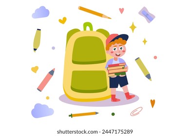 Concepto de mochila con escena de personas en diseño de dibujos animados planos. Un niño Pequeño se para con libros en las manos y se apoya en una mochila Grande, que es necesaria para todo escolar. Ilustración vectorial.