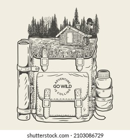 backpack containing the view of a house in the forest premium vector