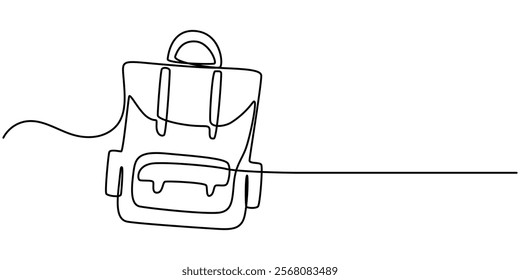 Backpack continuous one line simple drawing isolated on white background concept of travel, School bag continuous one line drawing outline vector icon, Single one line drawing of backpack.