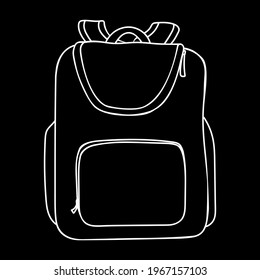 Backpack. Contour vector illustration. Isolated element in a white line. Black background. School bag in doodle style. Use in decor, messages, logos, diaries, schedules, calendars, notebooks. Eps10.