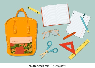 Backpack, crayons, pencils, glasses, scissors and note book on a table. Trendy top down view illustration. Autumn atmosphere. Modern cartoon hand drawn group of things design for web card, banner