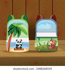 Backpack design for children. The backpack depicts a panda on the sand near a palm tree. Another backpack depicts a bear on the grass

