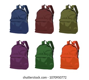 backpack different color set realistic vector illustration isolated