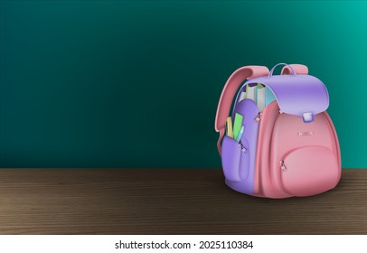 Backpack with different colorful stationery on table. Banner design vector illustration eps 10