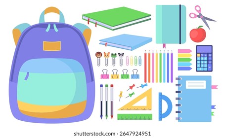 Mochila con diferentes útiles escolares. Libros de texto, lápices, bolígrafos, bloc de notas, calculadora, manzana, tijeras, Reglas. Vector en un estilo plano