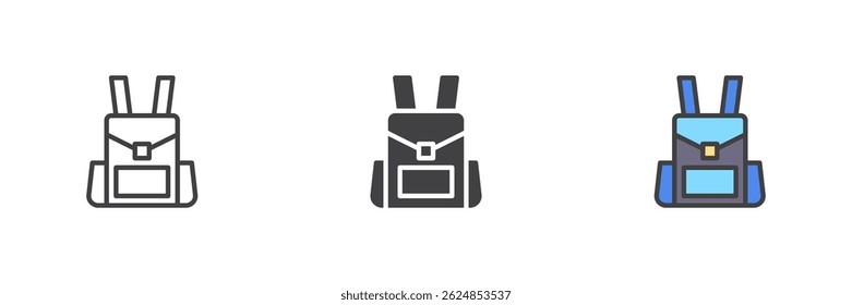 Backpack different style icon set. Line, glyph and filled outline colorful version, outline and filled vector sign. School bag symbol, logo illustration. Vector graphics
