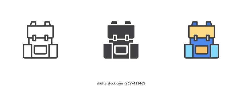 Backpack different style icon set. Line, glyph and filled outline colorful version, outline and filled vector sign. Travel bag symbol, logo illustration. Vector graphics
