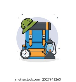 Backpack with Direction Watch and Lantern Vector Illustration. Camping Concept Design