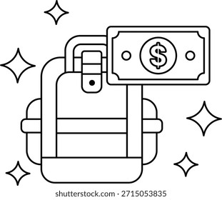Uma mochila com uma nota de um dólar em cima. A mochila é brilhante e limpa. A nota de um dólar é nova e nítida. Conceito de preparação e responsabilidade financeira