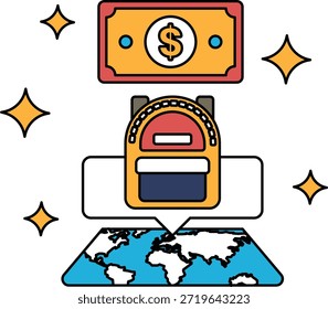 Una mochila con un billete de un dólar encima. La mochila está en un mapa del mundo