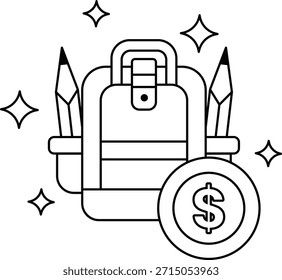 Ein Rucksack mit einem Dollarzeichen darauf. Der Rucksack ist mit Bleistiften und anderen Schulsachen gefüllt