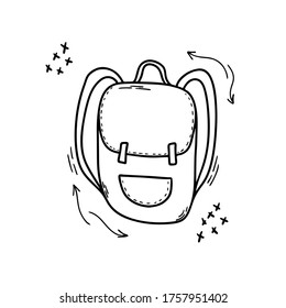 Backpack in Doodle style isolated on a white background. Bag with two straps for carrying on the back. Icon of a briefcase or backpack. Vector illustration for printing on clothing fabrics