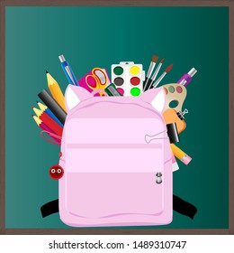 Backpack with ears on the background of stationery and a school board. vector art