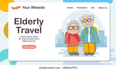 Backpack elderly couple travel around the world, time to follow the dream design for website, banner, infographic, ui, ux, website or publisher, flat vector, easy to adjust color.