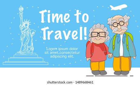 Backpack elderly couple travel around the world, time to follow the dream design for website, banner, infographic, ui, ux, website or publisher, flat vector, easy to adjust color.
