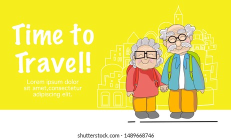 Backpack elderly couple travel around the world, time to follow the dream design for website, banner, infographic, ui, ux, website or publisher, flat vector, easy to adjust color.