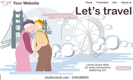 Backpack elderly couple travel around the world, time to follow the dream design for website, banner, infographic, ui, ux, website or publisher, flat vector, easy to adjust color.