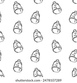 Backpack engraving vector seamless pattern. Student bag, rucksack line art, outline, ink background