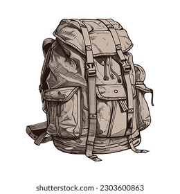 Backpack with equipment for hiking mountain over white