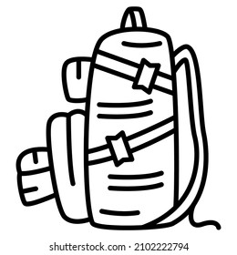 Mochila con bolsillos externos, atada. Mochila de viaje para un viaje largo. Icono del vector, contorno, aislado. Trazo editable