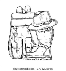 Mochila, sombrero de safari de fieltro de fedora en botas de goma Ilustración aislada de Vector en estilo de boceto de tinta dibujado a mano. Accesorios de viaje composición monocromática para paseo por el bosque, pesca, carteles de viaje, diseños.