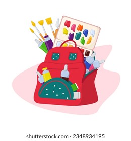 Backpack filled with art equipment vector illustration. Watercolor paints, paint tubes, brushes, erasers and palette in school bag for art classes. Art, hobby, self-expression concept